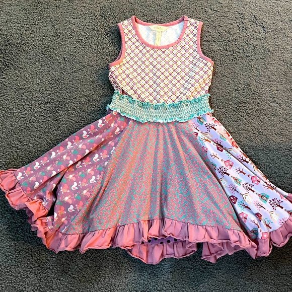 Matilda Jane Pink Block Multi Print Sleeveless Royalty Knit Dress - EUC-Girls 6 - Picture 1 of 8